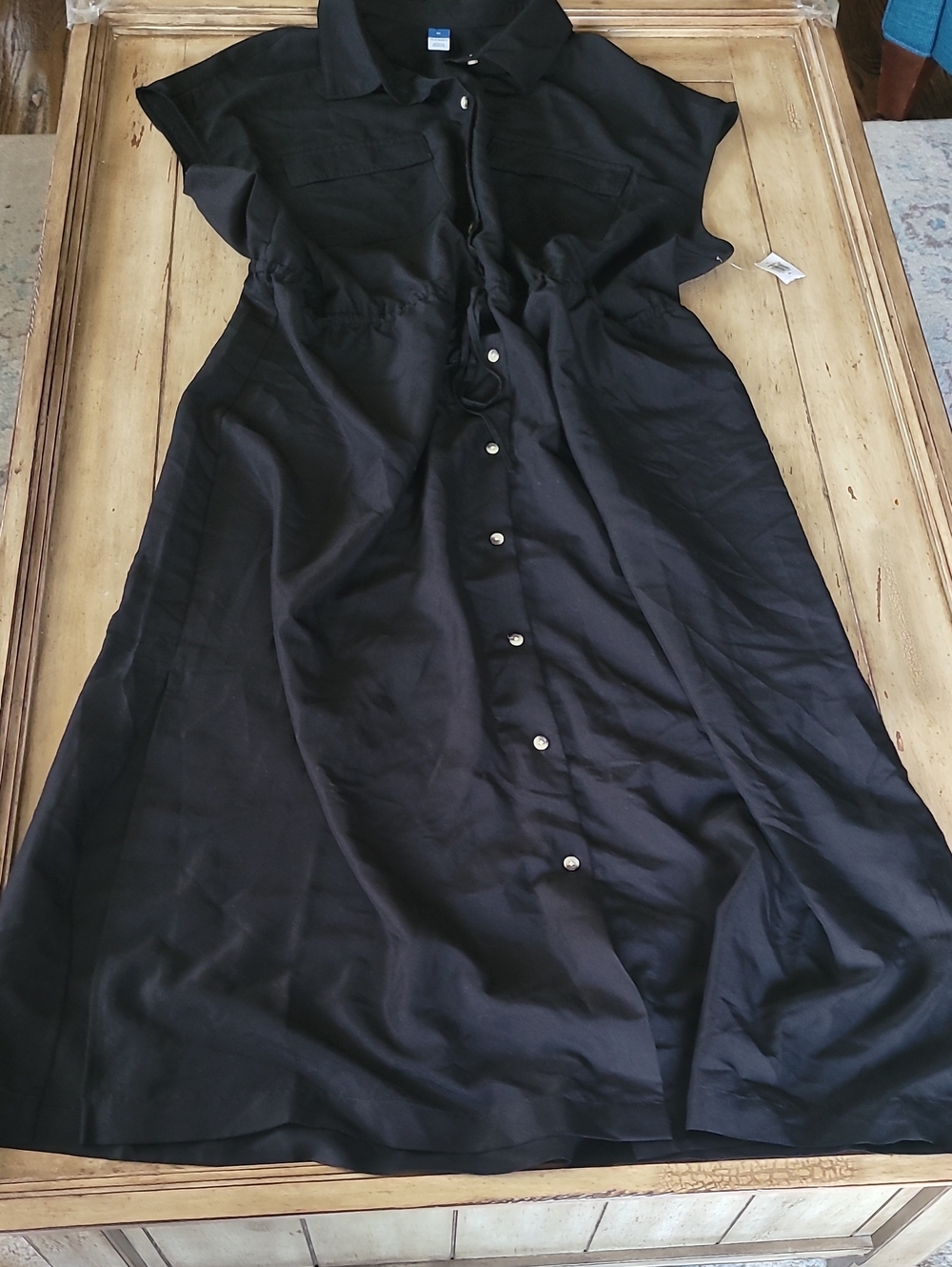 Old Navy Black Button-Front Midi Shirt Dress with Drawstring Waist